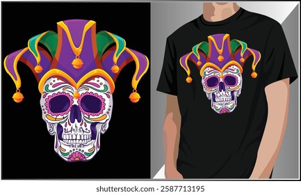 Mardi Gras Sugar Skull T-Shirt Design, Mardi Gras Skull Mask, Sugar Skull Carnival New Orleans T-Shirt, Mardi Gras Skeleton T Shirt Design.