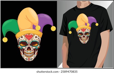 Mardi Gras Sugar Skull T-Shirt Design, Sugar Skull Carnival New Orleans T-Shirt, Mardi Gras Skull Mask, Mardi Gras Skeleton T Shirt Design.