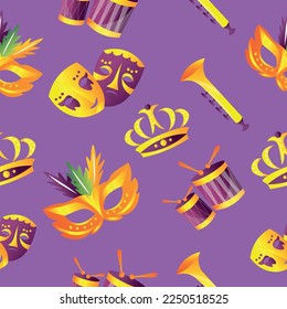 Mardi Gras symbols on purple background. Pattern for design