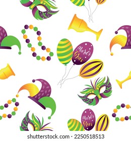 Mardi Gras symbols on white background. Pattern for design