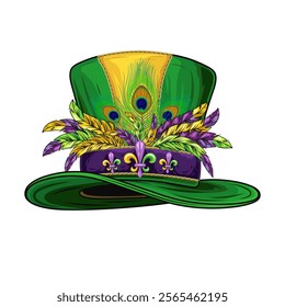 Mardi Gras tall top hat with belt, band with fleur de lis pins, bunch of colorful feathers. Festival masquerade accessories. Vintage style.