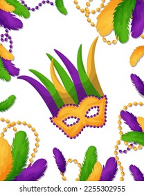 Mardi gras template for postcard, banner, invitation. Carnival mask with feathers and beads. Vector illustration