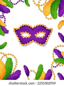 Mardi gras template for postcard, banner, invitation. Carnival mask with feathers and beads. Vector illustration