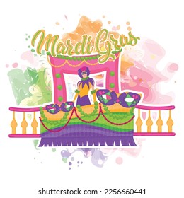 Mardi gras template poster Platform with venetian masks Vector illustration