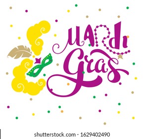 Mardi gras text lettering for greeting card. Vector cartoon illustration