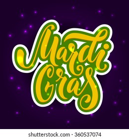 Mardi Gras text. Yellow and green vector lettering at violet background