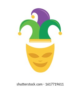 mardi gras theater mask with jester hat vector illustration design