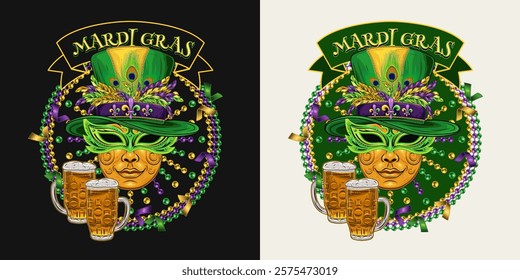 Mardi Gras themed circular green label. Emblem with strings of beads, glass of beer, flying confetti, text in ribbon, golden venetian face mask in tall cylinder hat. Vintage holiday composition.