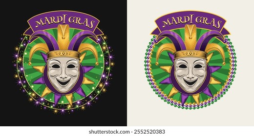 Rótulo circular temático do Mardi Gras. Emblema com máscara de rosto de comédia de carnaval em chapéu de arlequim de bobo, cordas de contas, guirlanda de brilho, texto em fita. Composição de férias antigas.