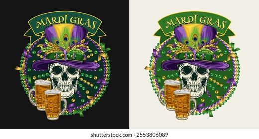 Mardi Gras themed circular label. Emblem with strings of beads, glass of beer, flying confetti, text in ribbon, human skull in tall cylinder hat. Vintage holiday composition.