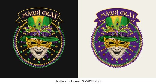 Mardi Gras themed circular label. Emblem with strings of beads, glass of beer, flying confetti, text in ribbon, carnival comedy face mask in tall cylinder hat. Vintage holiday composition.