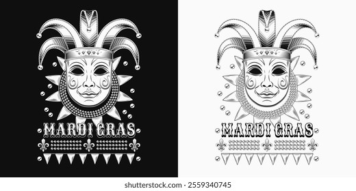 Mardi Gras themed label. Emblem with carnival golden venetian face mask in jester tomfool hat, beads, text. Vintage holiday composition.