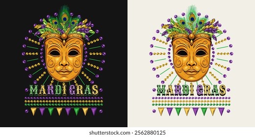 Mardi Gras themed label. Emblem with carnival golden venetian face mask with bundle of colorful feathers on top, beads, text. Vintage holiday composition.