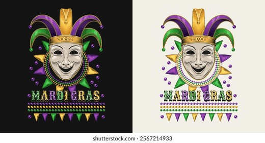 Mardi Gras themed label. Emblem with carnival comedy face mask in jester harlequin hat, beads, text. Vintage holiday composition.