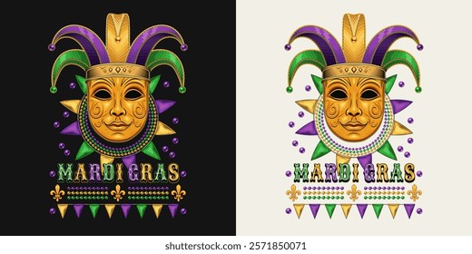 Mardi Gras themed label. Emblem with carnival golden venetian face mask in jester tomfool hat, beads, text. Vintage holiday composition.