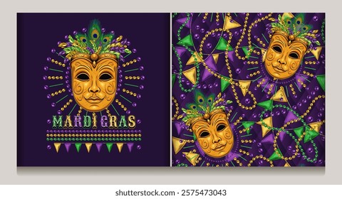 Mardi Gras themed label. Emblem with carnival golden venetian face mask with bundle of colorful feathers on top, beads, text. Vintage holiday composition.