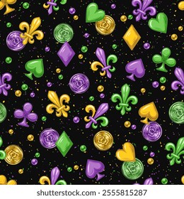 Mardi Gras themed seamless pattern with falling shiny coins, Fleur de Lis sign, playing card suits symbols, scattered beads, confetti, trinkets on dark textured background. Vintage style.