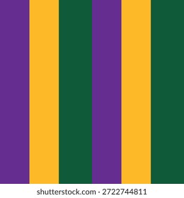 Mardi Gras themed seamless vector pattern with alternating vertical stripes of deep purple, vibrant gold, and rich forest green.