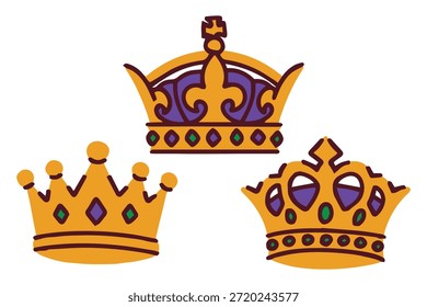 Mardi Gras. Three different designs of carnival crowns in traditional colors. Collection of royal headwear for masquerade king or queen celebration and party design.
