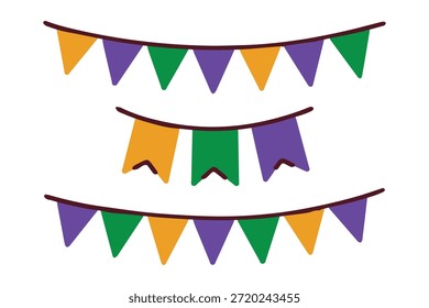 Mardi Gras. Three types of colorful garlands for holiday decoration. Collection of purple, green and gold triangular banners for carnival party and interior design.