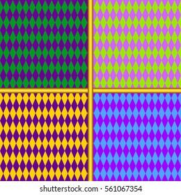 Mardi Gras tileable design element, Fat Tusday seamless pattern. Purple, yellow and green backgrounds with golden dividers Diamond pattern