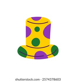 Mardi Gras Top Hat Illustration. Colorful carnival headwear accessory with traditional purple green yellow colors. Hand drawn vector. Flay design