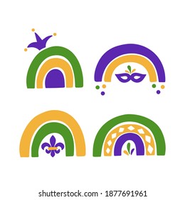 Mardi Gras traditional carnival. Fat Tuesday holiday vector illustration. Traditional symbol Fleur de Lis. Hand drawn modern rainbow isolated on white background. For sticker, poster, card, t-shirt