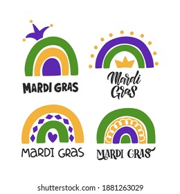 Mardi Gras traditional carnival. Fat Tuesday holiday vector illustration. Hand drawn modern rainbow isolated on white background. For sticker, poster, card, t-shirt.