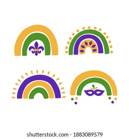 Mardi Gras traditional carnival. Fat Tuesday holiday vector illustration. Traditional symbol Fleur de Lis. Hand drawn modern rainbow isolated on white background. For sticker, poster, card, t-shirt