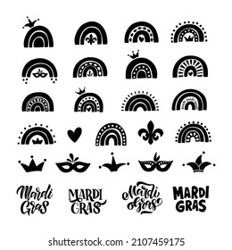 Mardi Gras Traditional Carnival. Fat Tuesday Holiday Vector Illustration Set. Fleur De Lis, Mask, Crown Clipart. Hand Drawn Modern Black Rainbow Isolated On White Background. For Sticker, Poster, Card