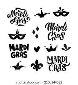 Carnaval tradicional del Mardi Gras. Conjunto de ilustración vectorial de fat Tuesday vacacional. Fleur de lis, máscara, clipart de la corona. Leyenda negra moderna dibujada a mano aislada en fondo blanco para pegatinas, tarjeta.