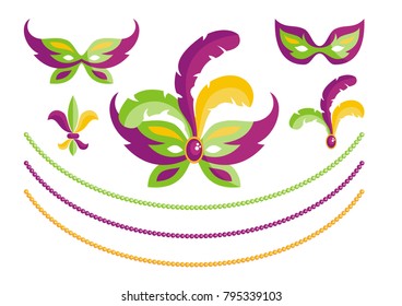Mardi Gras traditional elements of carnival. Vector set.