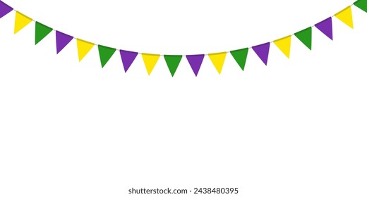 Mardi Gras traditional flag garland. Triangle pennants chain. Party pennants, window or wall decoration decoration. Celebration flags for decor. Vector illustration  