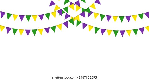 Guirnalda de bandera tradicional del Mardi Gras. Cadena de banderines de triángulo. Banderines de fiesta, decoración de ventanas o paredes. Banderas de celebración para la decoración. Ilustración vectorial  