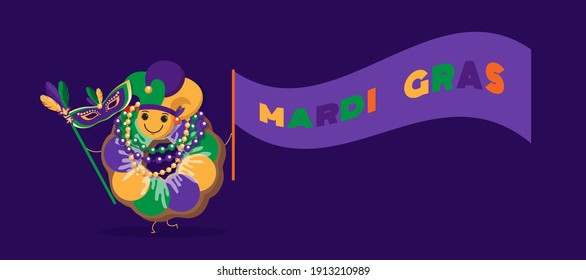 Mardi Gras traditioneller King Cake im Cartoon-Stil. Hübscher Kuchen mit gelben, grünen, violetten Halsketten, Maske mit wachsender Flagge auf dunklem Hintergrund. Kopiert Platz. Vektordesign für Banner, Flyer, Karte