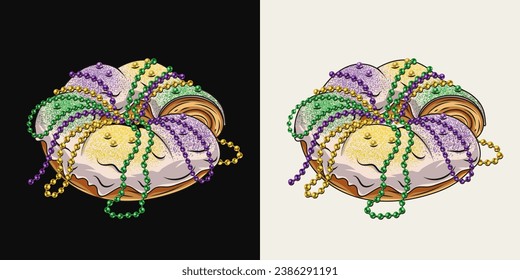 Mardi Gras traditional king cake, roll with yellow, green, purple sprinkles, strings of beads. Vintage illustration on black, white background.