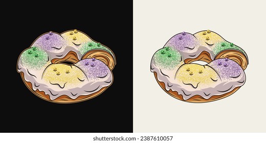Mardi Gras traditional king cake, roll with yellow, green, purple sprinkles, beads. Vintage illustration on black, white background.