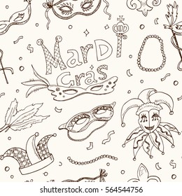 Mardi Gras traditional seamless pattern. Carnival masks, party decorations. Vector illustration isolated on white background.