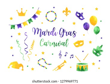 Mardi Gras traditional symbols collection, carnival masks, party decorations. Watercolor silhouettes elements for cards, banner. Vector illustration isolated on white background.