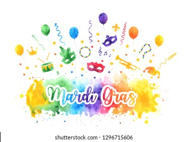 Mardi Gras traditional symbols collection, carnival masks, party decorations. Watercolor splash silhouettes elements for cards, banner. Vector illustration isolated on white background