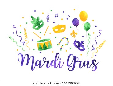 Mardi Gras traditional symbols collection, carnival masks, party decorations. Watercolor splash silhouettes elements for cards, banner. Vector illustration isolated on white background