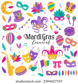 Mardi Gras traditional symbols collection. Decorative elements for Mardi Gras, Venetian festival. Carnival masks, party decorations, feathers. Flat vector illustrations isolated on a white background