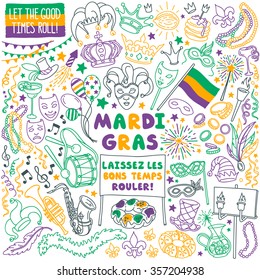 Mardi Gras traditional symbols collection - carnival masks, party decorations. Vector illustration isolated on white background. French "Laissez Les Bons Temps Rouler" means "Let the good times roll"