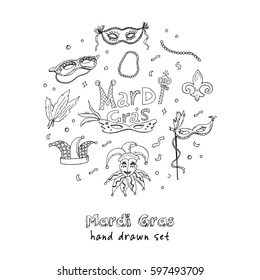 Mardi Gras traditional symbols collection. Carnival masks, party decorations. Vector illustration isolated on white background.