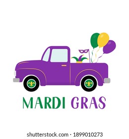 Mardi Gras truck. Fat Tuesday traditional carnival in New Orleans. Vector element of design for banner, flyer, party invitation, etc.