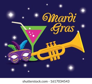 Mardi gras trumpet cocktail and mask design, Party carnival decoration celebration festival holiday fun new orleans and traditional theme Vector illustration