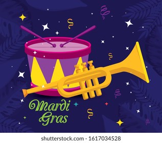 Mardi gras trumpet and drum design, Party carnival decoration celebration festival holiday fun new orleans and traditional theme Vector illustration
