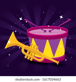 Mardi gras trumpet and drum design, Party carnival decoration celebration festival holiday fun new orleans and traditional theme Vector illustration