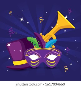 Mardi gras trumpet mask and hat design, Party carnival decoration celebration festival holiday fun new orleans and traditional theme Vector illustration