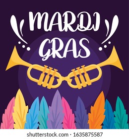 Mardi gras trumpets with feathers design, Party carnival decoration celebration festival holiday fun new orleans and traditional theme Vector illustration